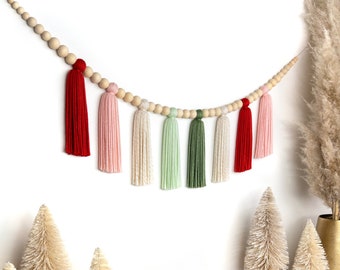 The Holiday Collection | Santa Baby | Christmas Wood Bead Tassel Garland | Boho Christmas | Holiday Garland | Mantle Garland | Scandinavian