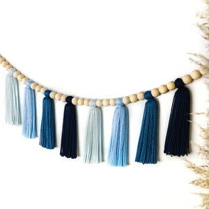 Blue Moon | Wood Bead Tassel Garland | Yarn Wall Hanging | Tassel Wall Hanging | Boho Decor | Nursery & Kids Room Decor | Party Decorations
