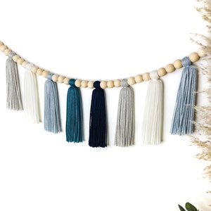 The Blues | Wood Bead Tassel Garland | Yarn Wall Hanging | Tassel Wall Hanging | Boho Decor | Nursery & Kids Room Decor | Party Decorations