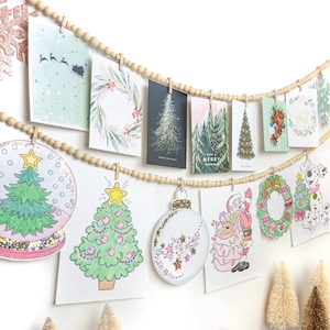 Guirlande de perles en bois à clip | Guirlande de porte-cartes de Noël | guirlande d'oeuvres d'art pour enfants | guirlande photo | Présentoir pour cartes de vœux