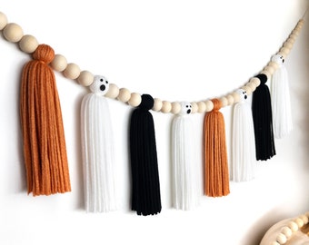 Halloween Ghost Tassel Garland | Halloween Wood Bead Garland | Halloween Tassel Garland | Halloween Decor | Black and Orange Garland