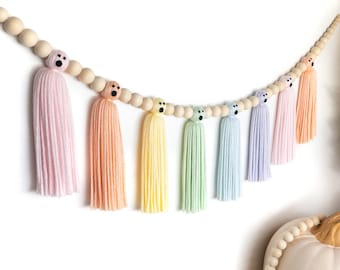 Halloween Pastel Rainbow Ghost Garland | Halloween Wood Bead Garland | Halloween Tassel Garland | Halloween Decor | Halloween Indoor Decor