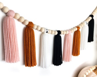 Halloween Ghost Tassel Garland | Halloween Wood Bead Garland | Halloween Tassel Garland | Halloween Decor | Halloween Pink Decor
