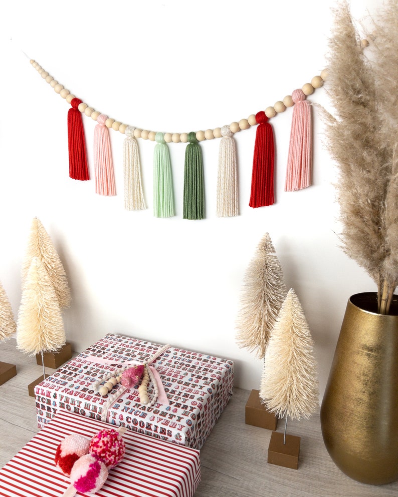 The Holiday Collection Santa Baby Christmas Wood Bead Tassel Garland Boho Christmas Holiday Garland Mantle Garland Scandinavian image 8