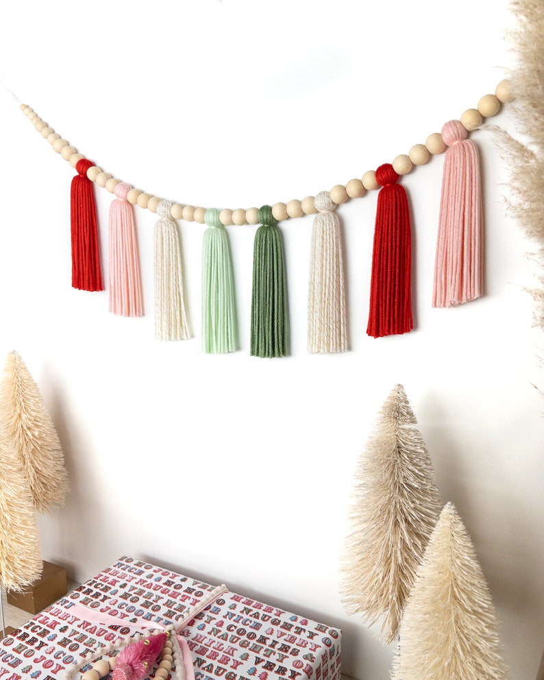 The Holiday Collection Santa Baby Christmas Wood Bead Tassel Garland Boho Christmas Holiday Garland Mantle Garland Scandinavian image 7