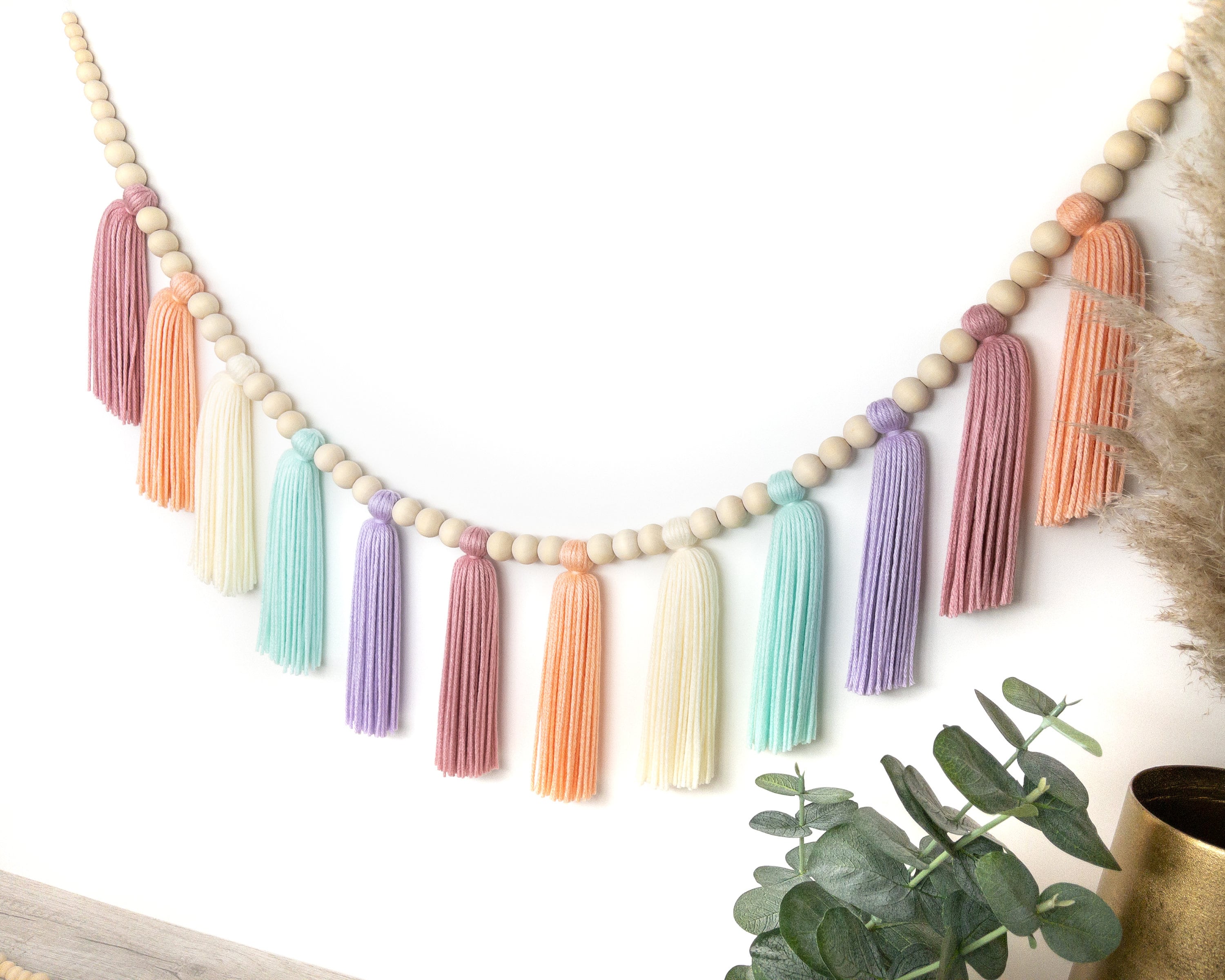 Serene Green | Wood Bead Tassel Garland | Yarn Wall Hanging | Tassel