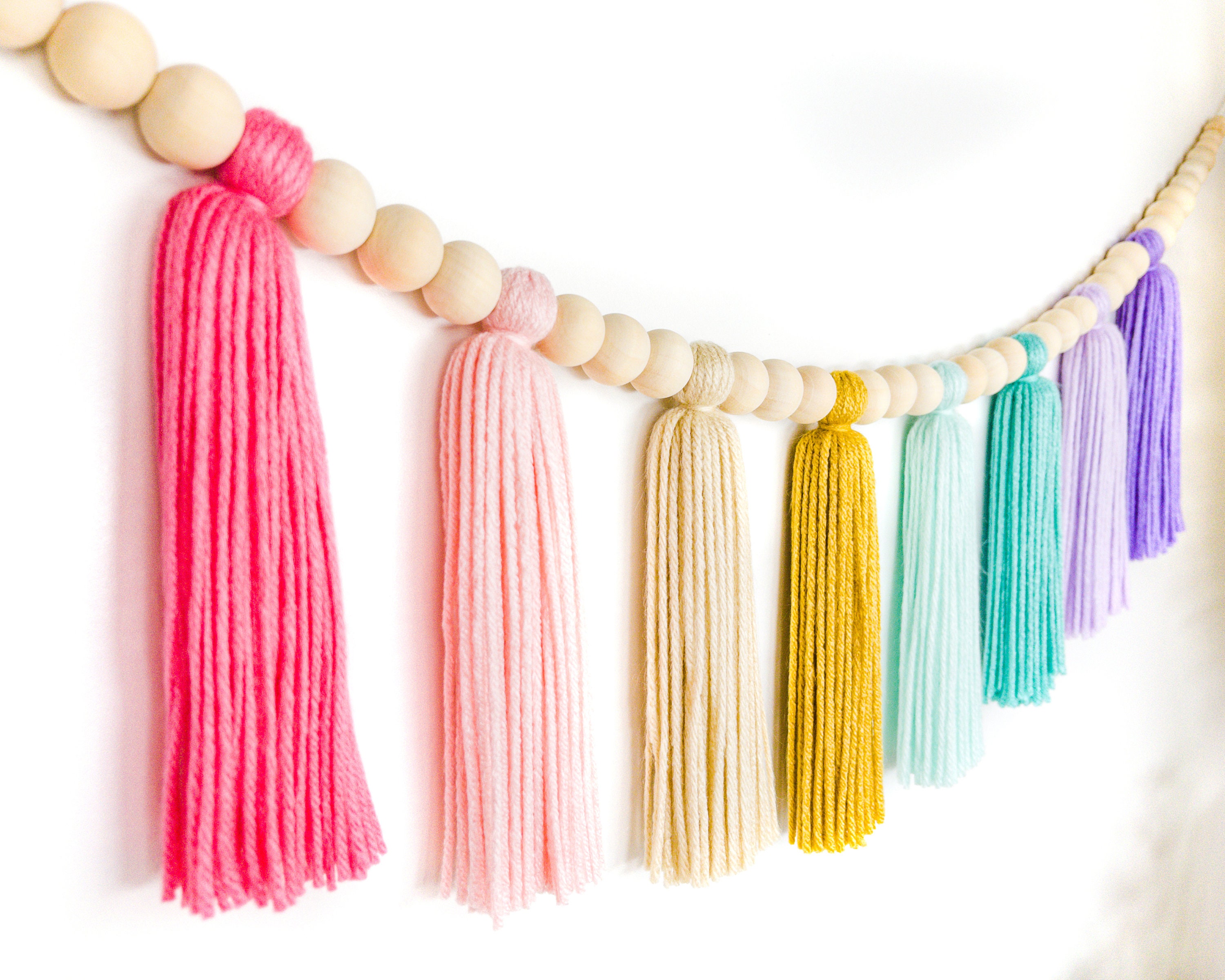 The Bright Side Wood Bead Tassel Garland Yarn Wall Hanging Etsy