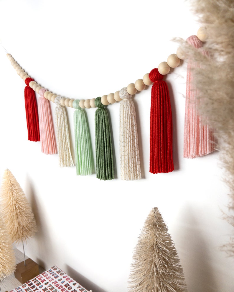 The Holiday Collection Santa Baby Christmas Wood Bead Tassel Garland Boho Christmas Holiday Garland Mantle Garland Scandinavian image 9