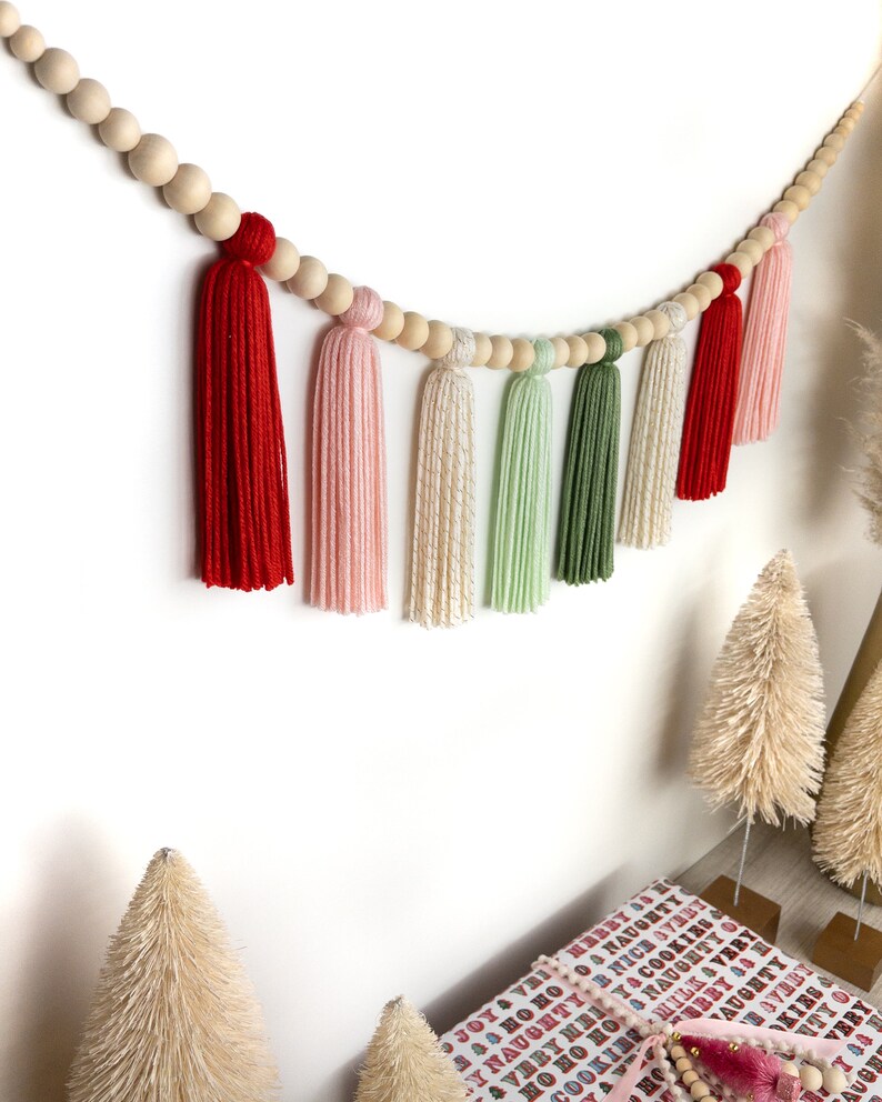 The Holiday Collection Santa Baby Christmas Wood Bead Tassel Garland Boho Christmas Holiday Garland Mantle Garland Scandinavian image 3