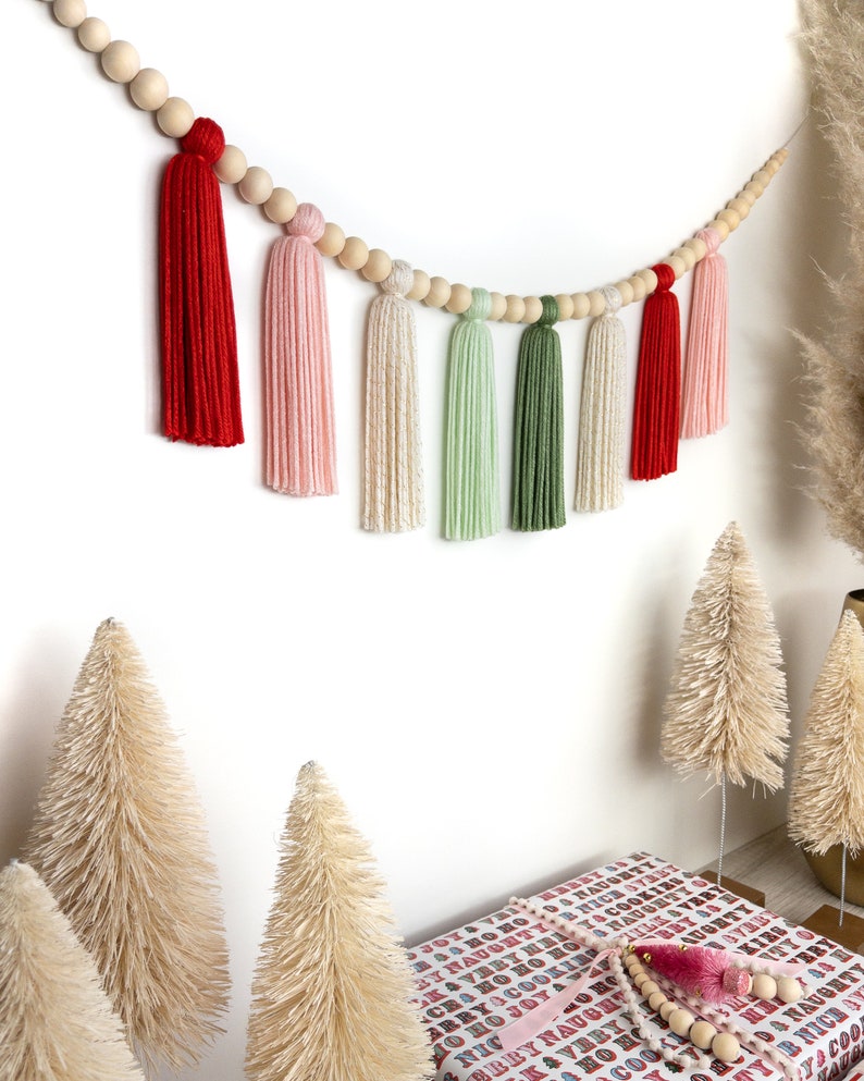 The Holiday Collection Santa Baby Christmas Wood Bead Tassel Garland Boho Christmas Holiday Garland Mantle Garland Scandinavian image 2