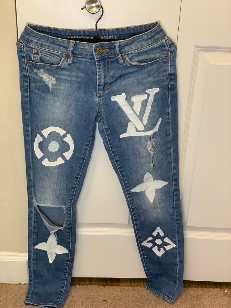 LV hand painted denim jeans | Etsy