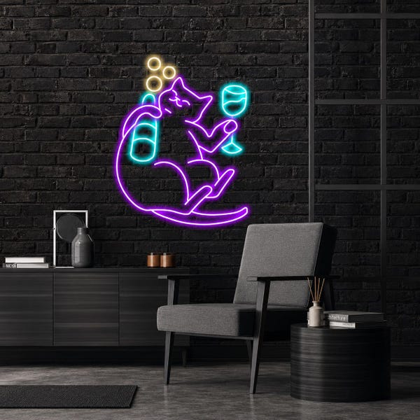 Betrunkene Katze Neon Leuchtreklame, Wein-Dekor, lustige Katzenwandkunst
