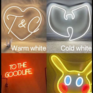 K&ouml;nnte beinhalten: Eine Collage aus vier Bildern, die Neon-Schilder in verschiedenen Farben zeigen. Das obere linke Bild zeigt ein wei&szlig;es Neon-Schild in Form eines Herzens mit den Buchstaben "T&C" darin. Das obere rechte Bild zeigt ein wei&szlig;es Neon-Schild in Form des Wu-Tang Clan-Logos. Das untere linke Bild zeigt ein orangefarbenes Neon-Schild mit dem Text "TO THE GOODLIFE". Das untere rechte Bild zeigt ein gelbes Neon-Schild in Form eines Cartoon-Kaninchens mit roten und blauen Akzenten.
