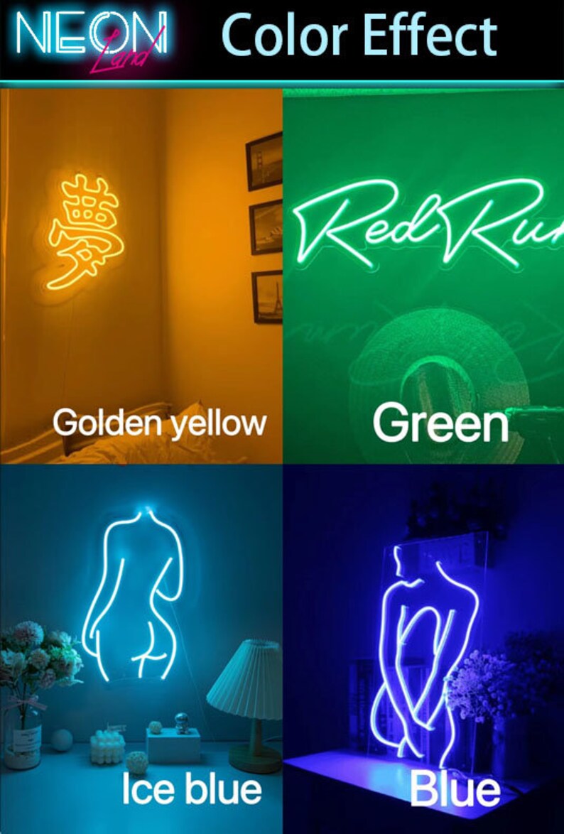 May include: Four neon signs showcasing different color effects. The signs are a Chinese character, the words "Red Run", a female figure, and another female figure. The signs are lit in golden yellow, green, ice blue, and blue.