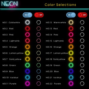 May include: A color selection chart with 22 neon colors, labeled with numbers and names. The chart shows the colors in a vertical column on the left and a column of off switches on the right. The chart is on a black background.