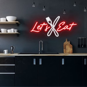 Let&#39;s Eat Neon Sign,Knife and Fork Neon Sign,LED Dining Neon Light,Restaurant Personalized Wall Art Decor Sign,Modern Kitchen LDE Light
