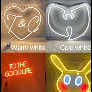 May include: Four neon signs with different color effects. The first sign is a white heart with the letters "T&C" inside, the second sign is a white Wu-Tang Clan logo, the third sign is orange with the text "TO THE GOODLIFE", and the fourth sign is yellow with a cartoon-like face.