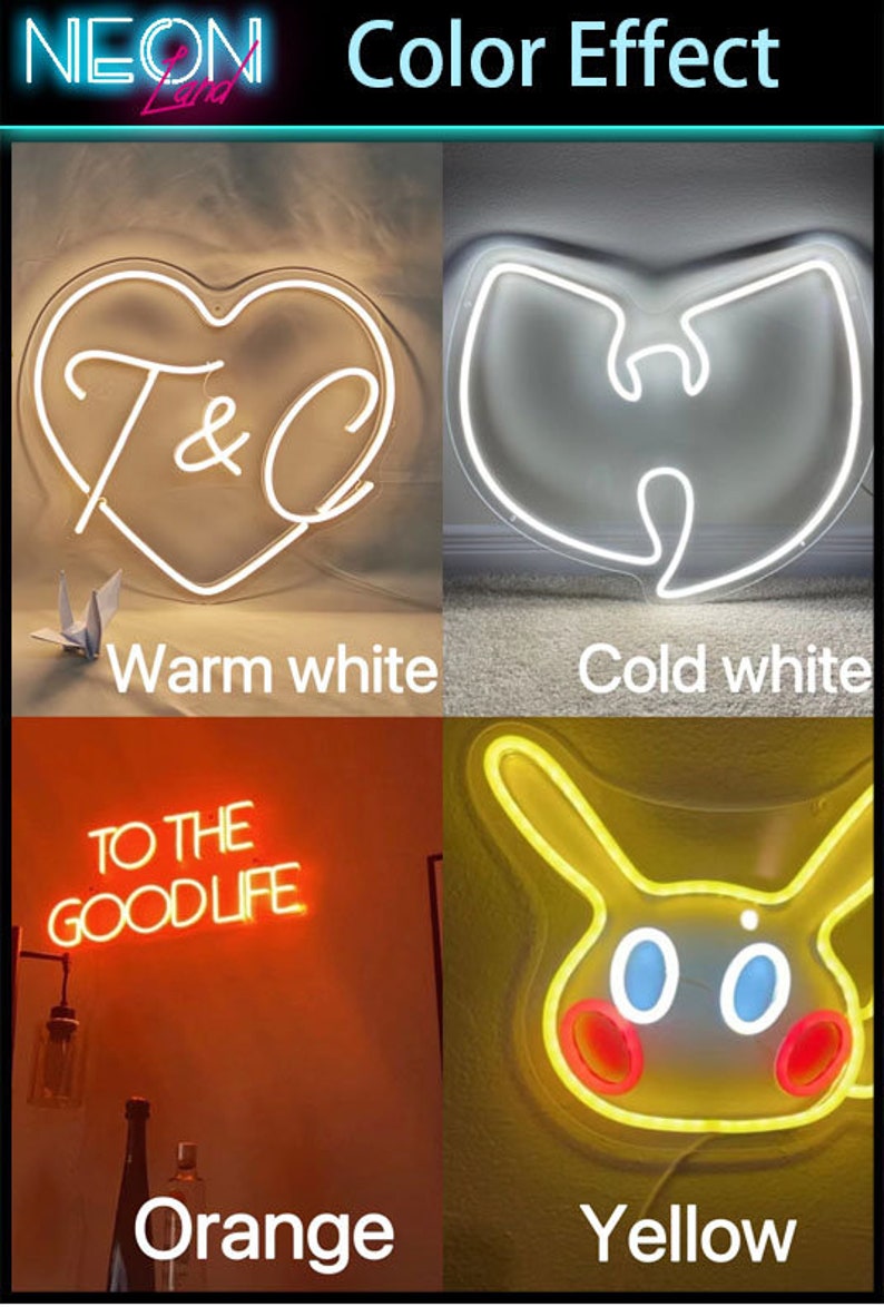 May include: Four neon signs with different color effects. The first sign is a white heart with the letters "T&C" inside, the second sign is a white Wu-Tang Clan logo, the third sign is orange with the text "TO THE GOODLIFE", and the fourth sign is yellow with a cartoon-like face.