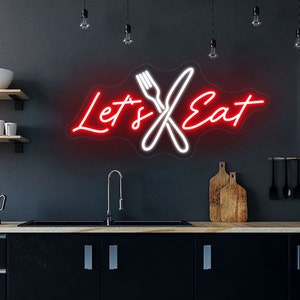 Let&#39;s Eat Neon Sign,Knife and Fork Neon Sign,LED Dining Neon Light,Restaurant Personalized Wall Art Decor Sign,Modern Kitchen LDE Light