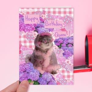 Happy Birthday Queen! | Pink glam pampered cat meme birthday card for friend, girlfriend, partner