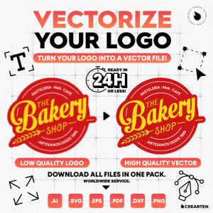 Puede incluir: Gráfico que ilustra la vectorización de logotipos. El texto dice "Vectoriza tu logo" y "¡Convierte tu logo en un archivo vectorial!" Incluye ejemplos de antes y después de un logotipo de panadería, con iconos de tipo de archivo.