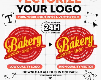 Puede incluir: Gráfico que ilustra la vectorización de logotipos. El texto dice "Vectoriza tu logo" y "¡Convierte tu logo en un archivo vectorial!" Incluye ejemplos de antes y después de un logotipo de panadería, con iconos de tipo de archivo.