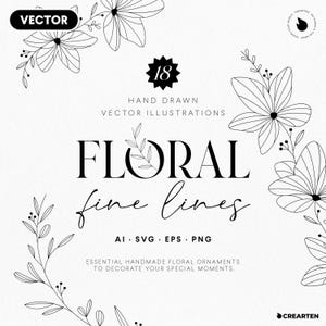 Florale Strichzeichnungen – feine Linien, botanische Strichzeichnungen, Hochzeitsblumen, handgezeichnete Blumen, SVG-Blumen, Strichzeichnungen, Natur-Strichzeichnungen, PNG, Clipart