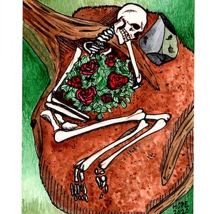 Lonely Bones, un esqueleto y acuarela rosa
