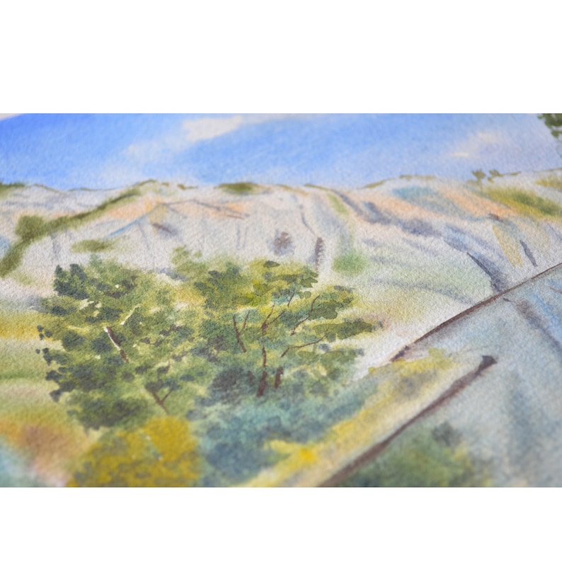 mountains trees and sky Original realistic painting with river Original watercolor summer mountain landscape with a pond Nature art.