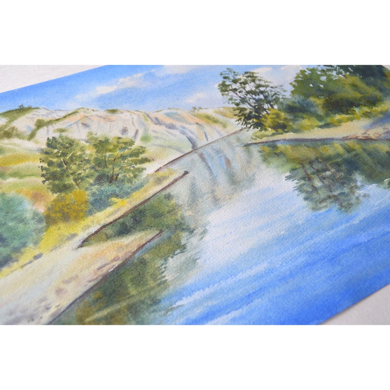 mountains trees and sky Original realistic painting with river Original watercolor summer mountain landscape with a pond Nature art.