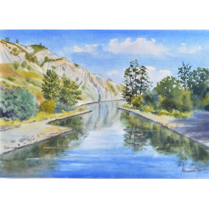 mountains trees and sky Original realistic painting with river Original watercolor summer mountain landscape with a pond Nature art.