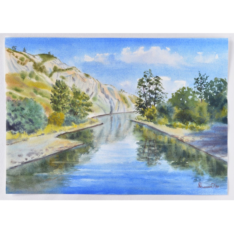 mountains trees and sky Original realistic painting with river Original watercolor summer mountain landscape with a pond Nature art.
