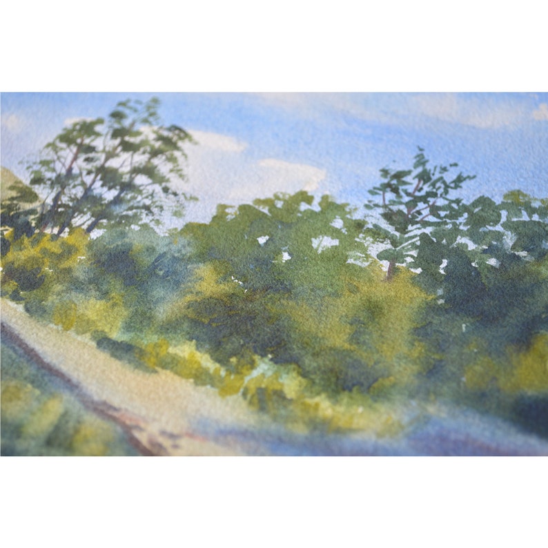 mountains trees and sky Original realistic painting with river Original watercolor summer mountain landscape with a pond Nature art.
