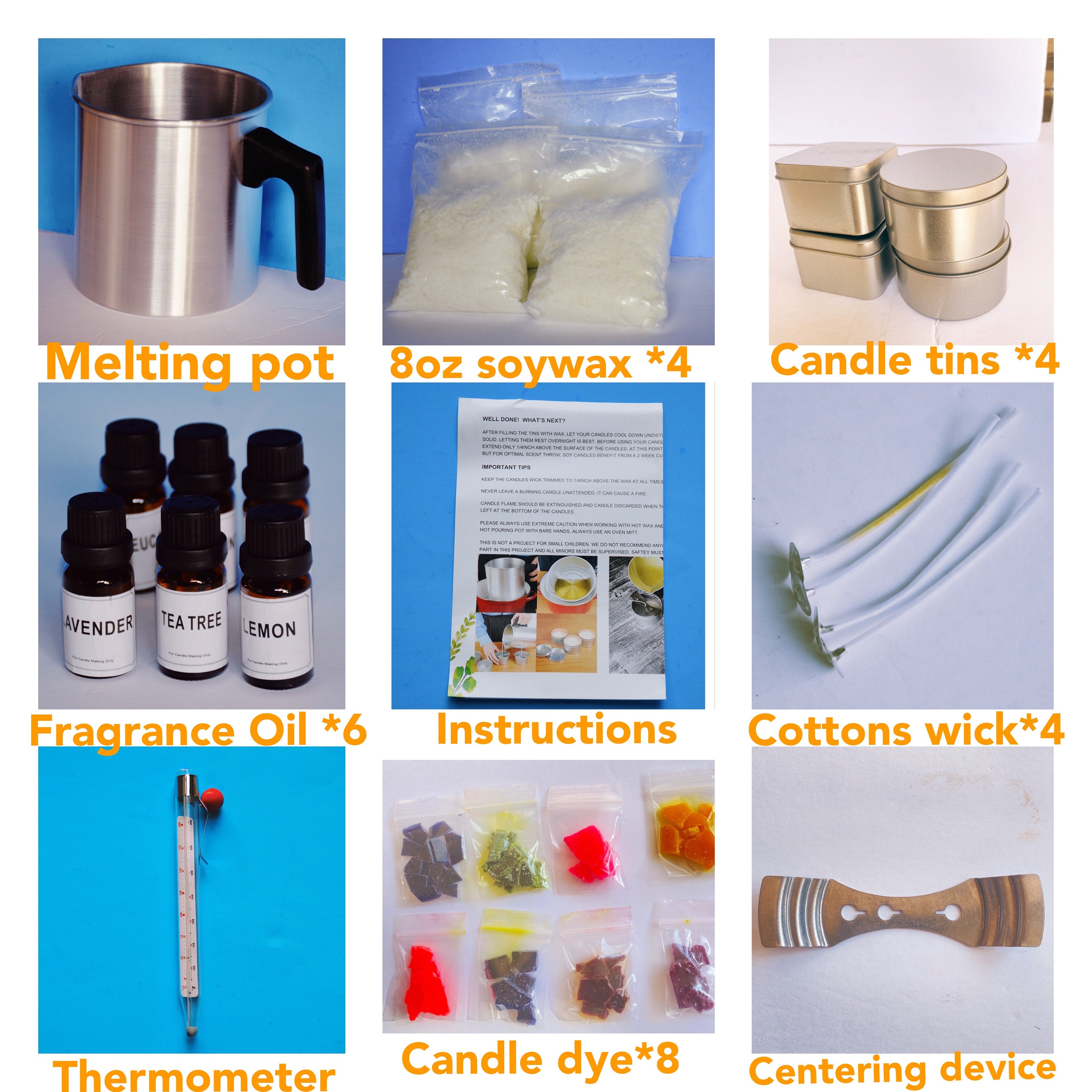 Kit per Fabbricazione Candele fai da te Set Completo di candele profumate  con cera di soia Coloranti Fragranze Oli Melting Pot Termometro Candele  Stoppini Adesivi Lattine Set di DIY Avviamento : 