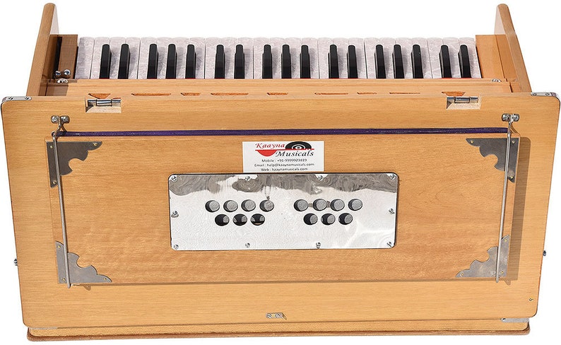 Safri Harmonium By Kaayna Musicals Portable Traveler Baja 3.5 Octaves 9 Stops 4 Drone Teak Color Gig Bag Bass-Male 440 Hz, Vocal image 9