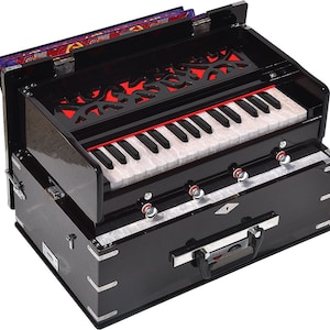 OM Safri Harmonium By Kaayna Musicals- Portable- Traveler- 2.5 Octave- 4 Stops- 2 Drone-Dark Walnut Colour- Gig Bag- Bass-Male-440Hz & 432Hz