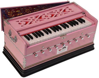 Handmade Pink Harmonium: Pro Grade Indian Musical Instrument, 9 Stops, Coupler + Gig Bag