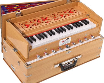 OM Safri Harmonium By Kaayna Musicals- Portable- Traveler- Baja- 3.5 Octave- 9 Stops (4 Drone)- Teak Color- Gig Bag- Bass-Male - 432Hz, Yoga