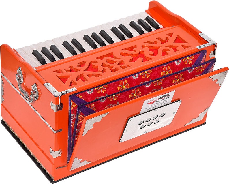 OM Harmonium Mini Magic By Kaayna Musicals 4 Stop 2 Drone 2.5 Octave Pastel Orange Color Gig Bag Bass-Male 440Hz, Yoga, Vocal, Bhajan image 5