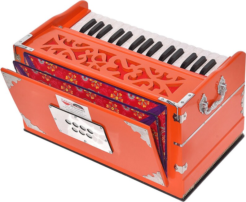 OM Harmonium Mini Magic By Kaayna Musicals 4 Stop 2 Drone 2.5 Octave Pastel Orange Color Gig Bag Bass-Male 440Hz, Yoga, Vocal, Bhajan image 7