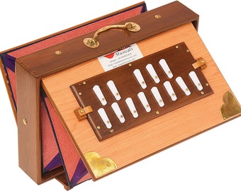 Shruti Box Teak Wood Size (15" X 10" X 3") Inches, Gig Bag, Natural Colour, Key -C To C- Lower Tone Reed- 440Hz, Yoga, Bhajan, Vocal, Mantra