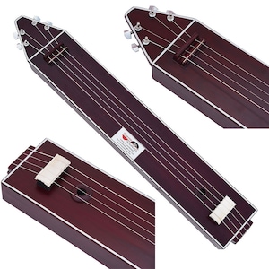 May include: A dark red wooden tanpura with silver tuning pegs and strings. The tanpura has a label that reads "Karnataka Musicals".