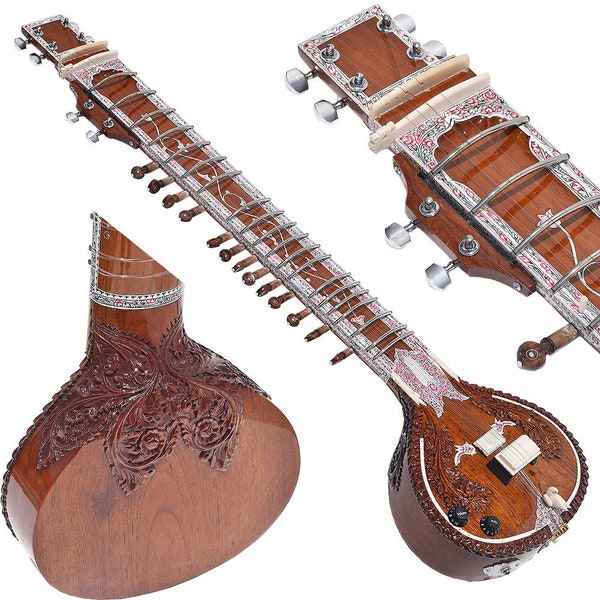 Neue Sitar Vilayat Khan Style- Traveler Modell, 6 Hauptsaiten, 12- 13 Sympathikussaiten, Gig Bag, zusätzliche Saiten, Mizrabs, schöner Klang & mit Tonabnehmer