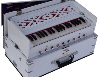 White Safri Harmonium By Kaayna Musicals- Portable- Traveler- 3.25 Octaves- 9 Stop- 4 Drone- Gig Bag- Bass-Male - 432Hz, Yoga, Vocal, Bhajan