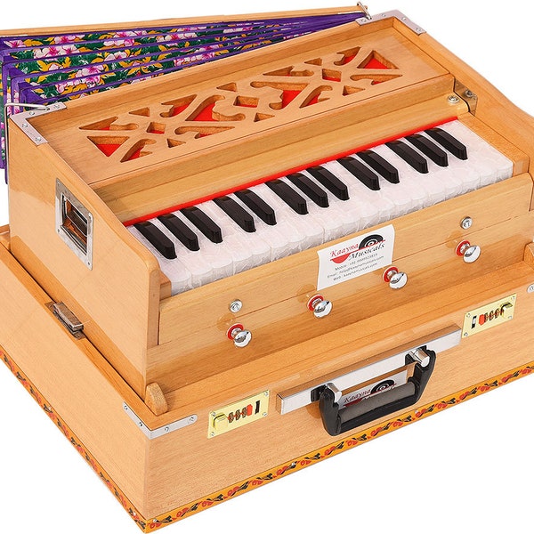 Mini Traveler Harmonium- 2.5 Octave By Kaayna Musicals- 2.5 Octave- 4 Stops- 2 Drone- Teak Color- Gig Bag- 440 Hz- For Yoga, Bhajan, Mantra