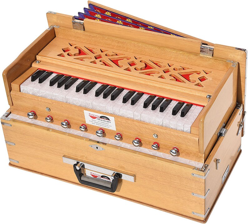 Safri Harmonium By Kaayna Musicals Portable Traveler Baja 3.5 Octaves 9 Stops 4 Drone Teak Color Gig Bag Bass-Male 440 Hz, Vocal image 8