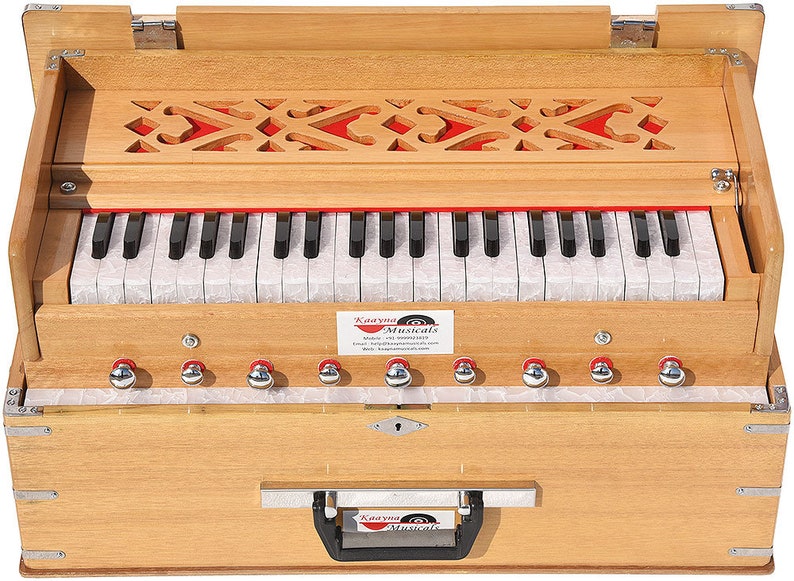 Safri Harmonium By Kaayna Musicals Portable Traveler Baja 3.5 Octaves 9 Stops 4 Drone Teak Color Gig Bag Bass-Male 440 Hz, Vocal image 7