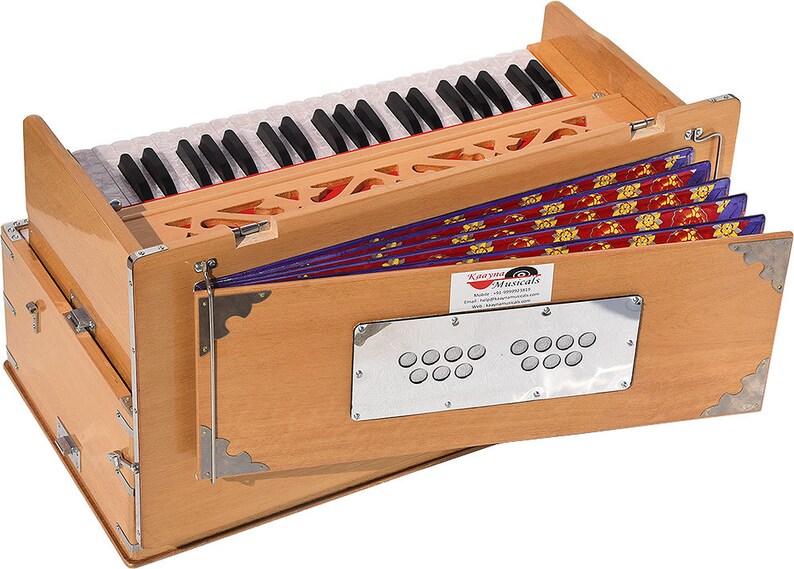 Safri Harmonium By Kaayna Musicals Portable Traveler Baja 3.5 Octaves 9 Stops 4 Drone Teak Color Gig Bag Bass-Male 440 Hz, Vocal image 3