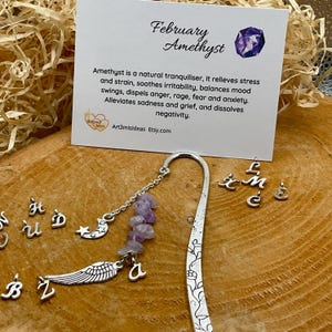 Marcador de cristal con la letra inicial de la piedra de nacimiento de febrero, marcador personalizado, regalo para amantes de los libros, marcador de amatista, marcador personalizado, profesor