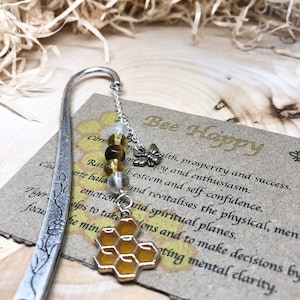 Be happy crystal bookmark, bee charm bookmark, books lover gift, bee bookmark, reader bookmark, honeycomb bookmark, gift for reader, bees